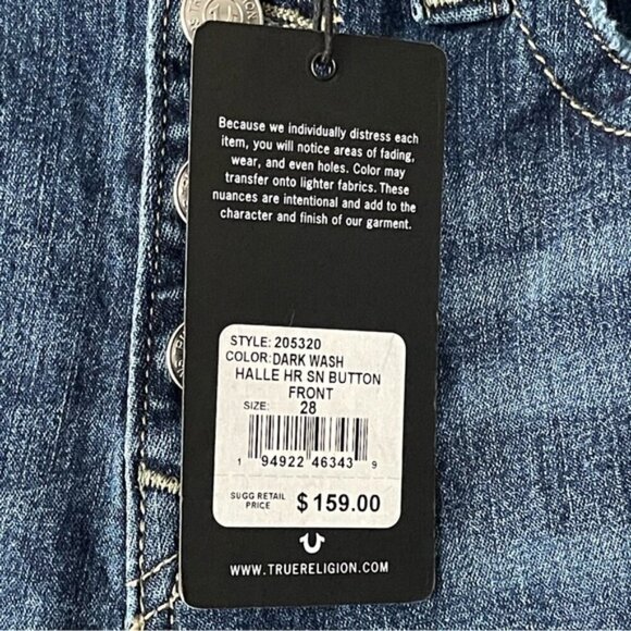 True Religion HALLE HR SN BUTTON FRONT Size 28 In Dark Wash Exposed Button NWT - Picture 13 of 16